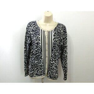 Top Knit Cardigan Sweater Sz Medium Button Front Black White Animal Print Stripe